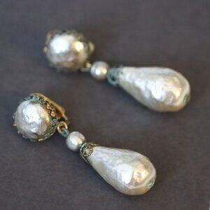Vintage Signed Miriam Haskell Drop Faux Pearl Clip On Earrings